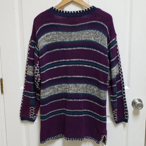 Gina Peters Sweater Women M Purple Gray Stripe Knit Cardigan Button Whipstitch - Picture 2 of 8